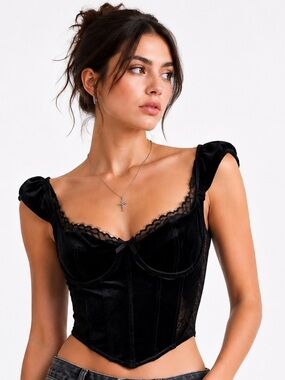 Garage Black Velvet Lace Corset Bustier Top M Gothic Coquette vamp Whimsygoth